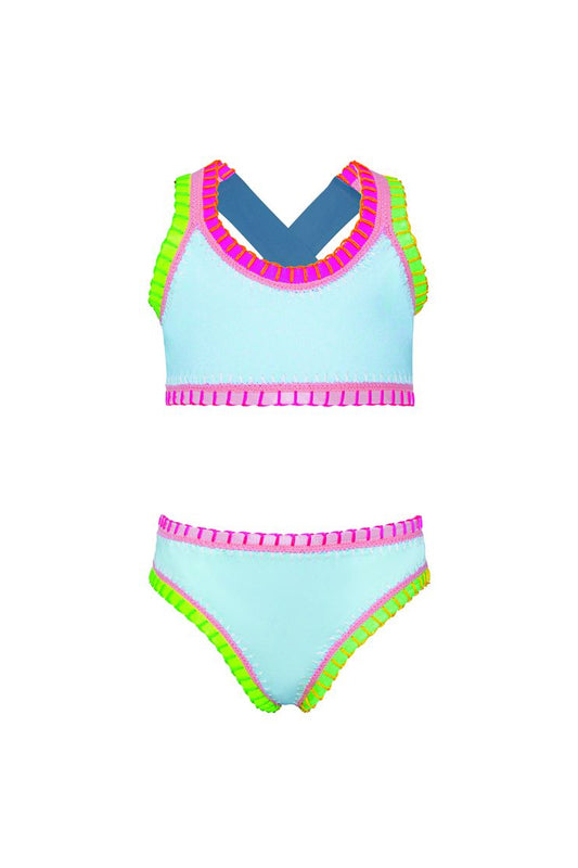 Sporty Rainbow Embroidered Bikini, Ice Blue