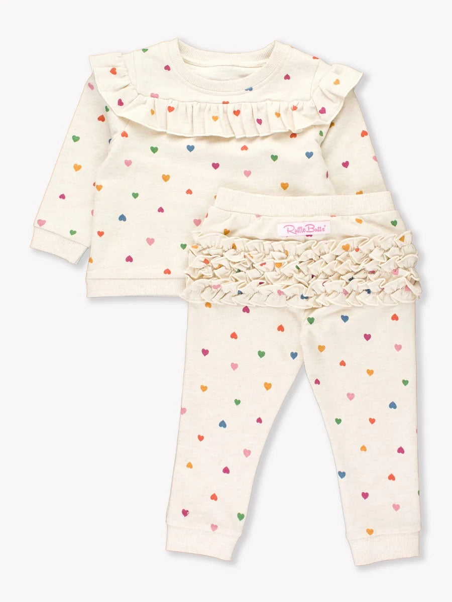 Ruffle Long Sleeve Jogger Set, Rainbow Hearts