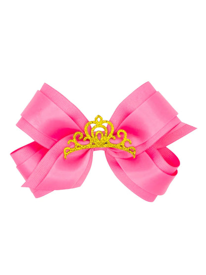 Med. Grosgrain Bow w/Satin Overlay and Glitter Crown (6 color options)