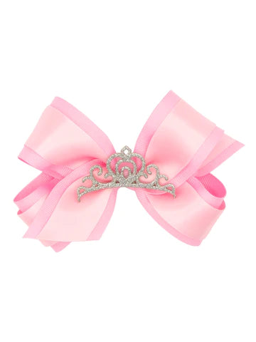 Med. Grosgrain Bow w/Satin Overlay and Glitter Crown (6 color options)