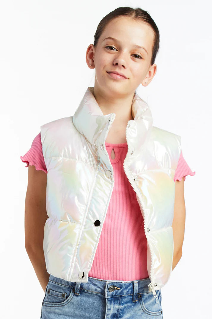 Metallic Cropped Puffer Vest, Opal