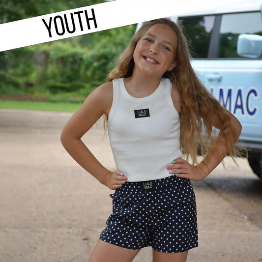Kids LULU MAC Mini Polka Dot Shorts, Navy