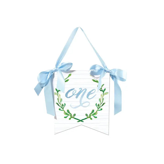 "One" Birthday Hanger with Laurel Wreath - Blue
