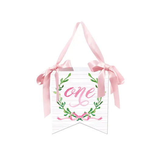 "One" Birthday Hanger with Laurel Wreath - Pink