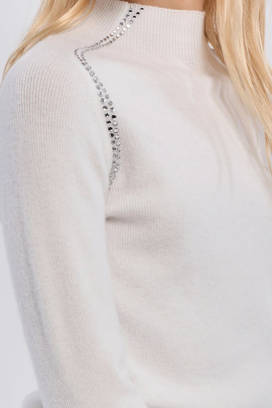 Studded Mock Neck Sweater, White