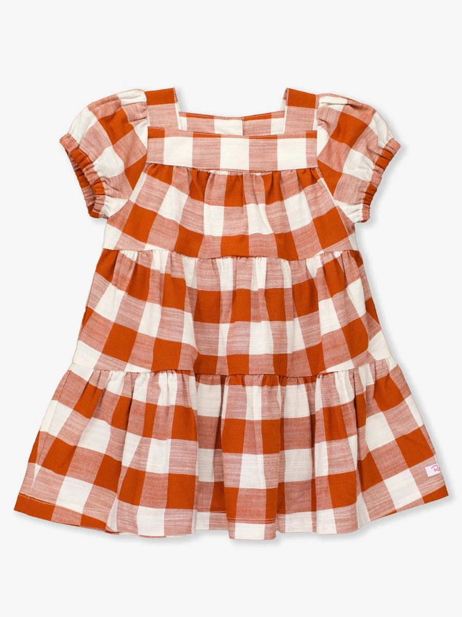 Puff Sleeve Tiered Dress, Rust Plaid