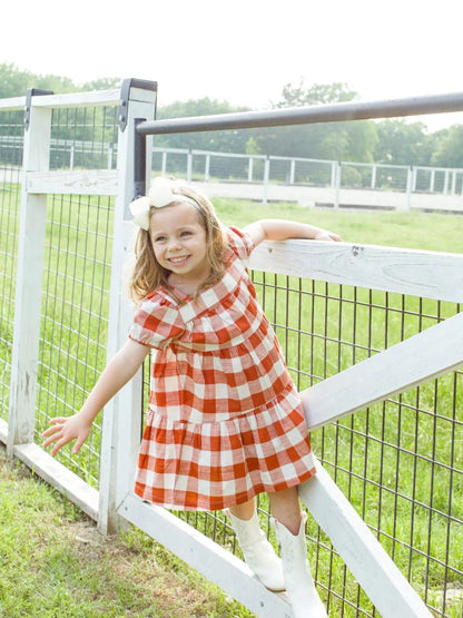 Puff Sleeve Tiered Dress, Rust Plaid