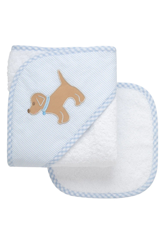 Puppy Applique Hooded Towel & Washcloth Set, Blue