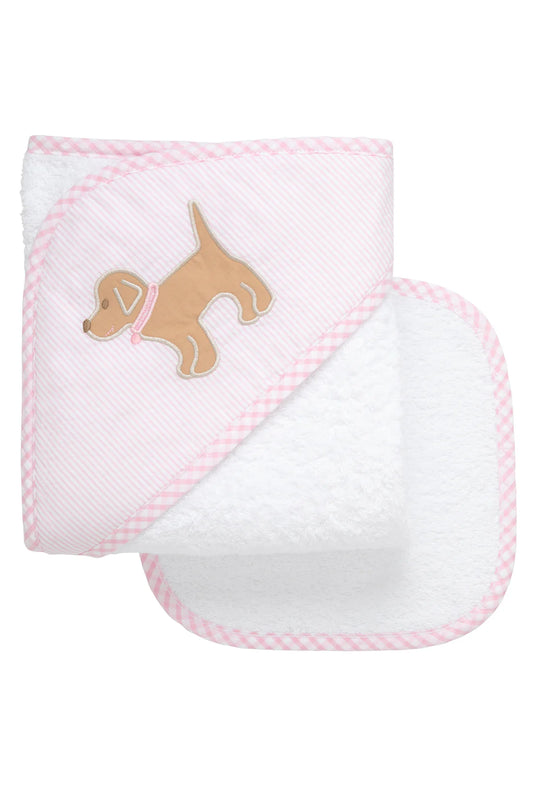 Puppy Applique Hooded Towel & Washcloth Set, Pink