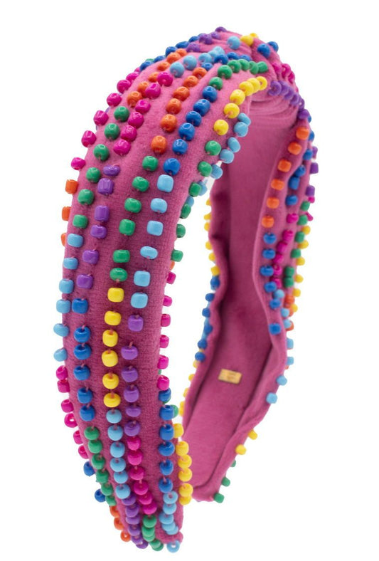 Rainbow Beaded Velvet Knot Headband, Fuchsia