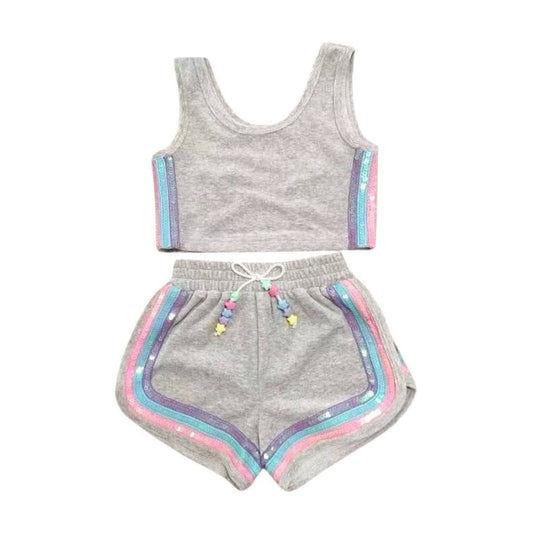 Velour Sequin Stripe Short Set, Grey