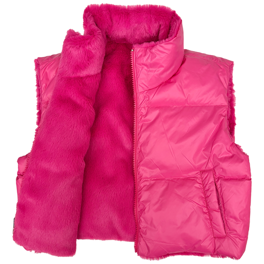 Reversible Crop Puffer Vest, Hot Pink