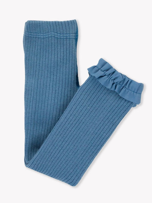 Rib Knit Footless Ruffle Tights, Countryside Blue