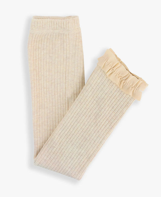 Rib Knit Footless Ruffle Tights, Oatmeal
