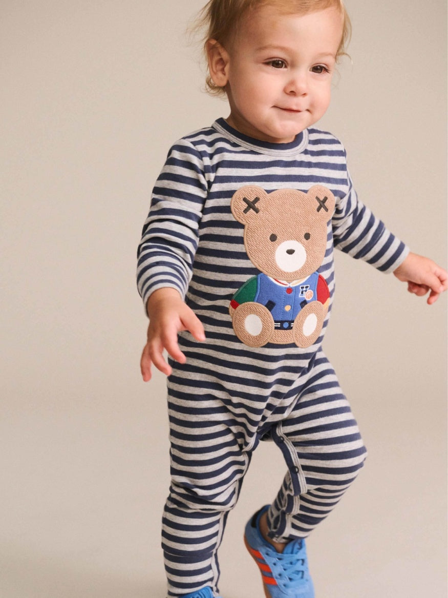 Hux Bear Stripe Romper, Navy/Grey