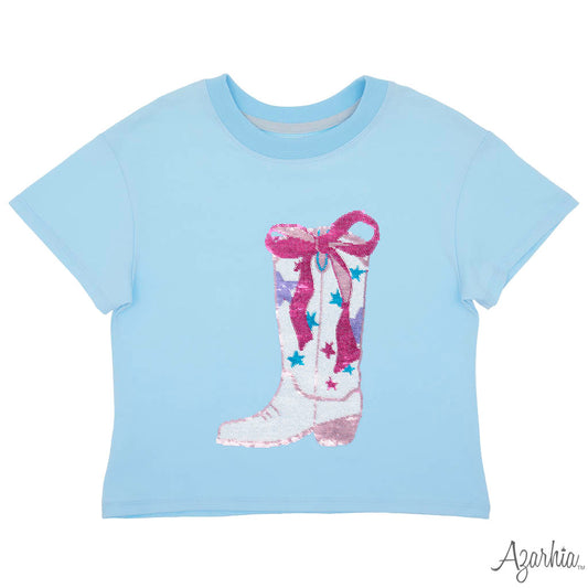 Rodeo Sequin Bow Boot Tee, Light Blue