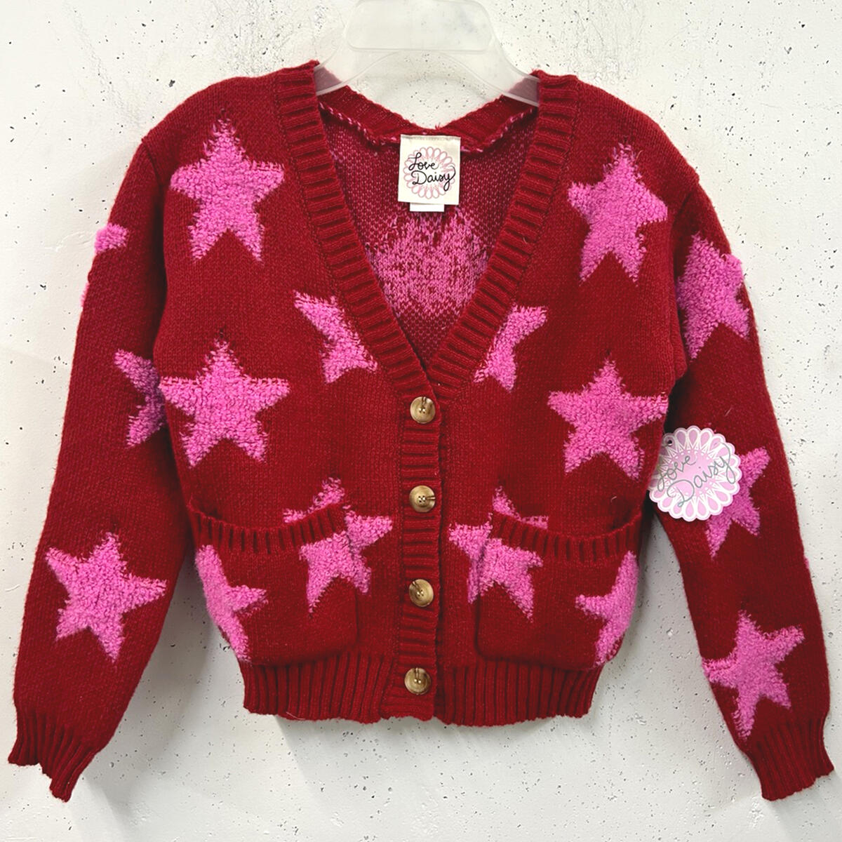 Star Cardigan w/Pockets, Scarlet/Pink