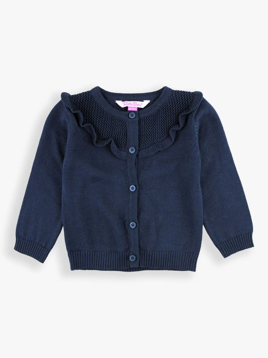 Sweater Knit Ruffle Trim Cardigan, Navy