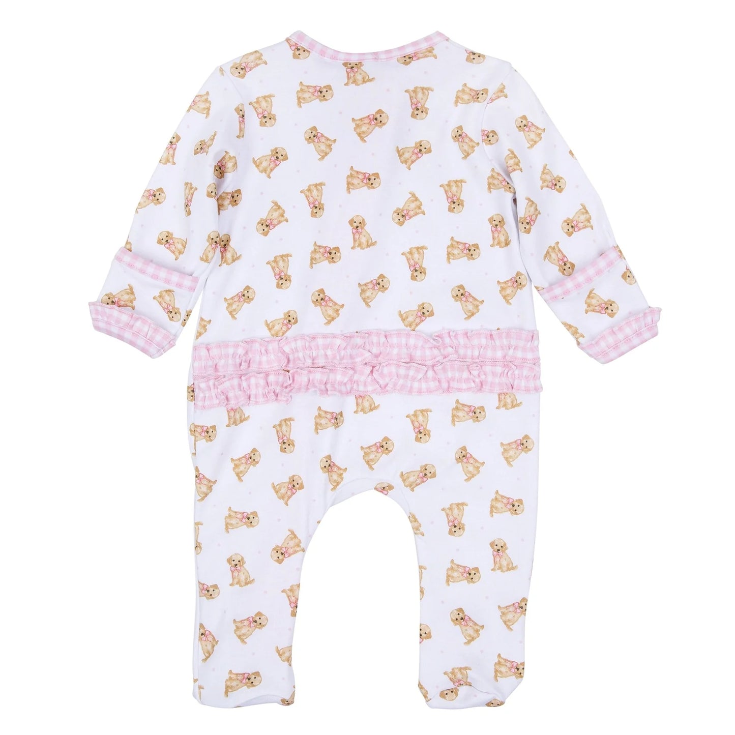 Sweet Golden Print Ruffle Zip Footie, Pink
