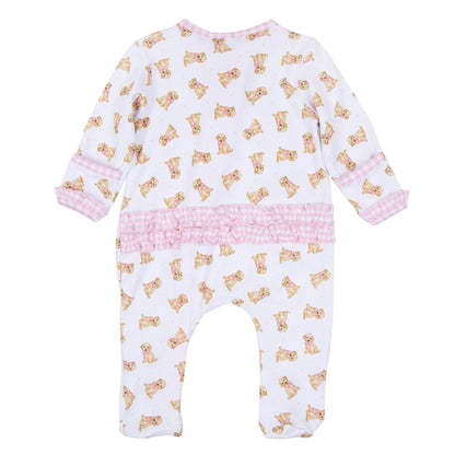 Sweet Golden Print Ruffle Zip Footie, Pink