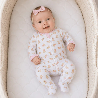 Sweet Golden Print Ruffle Zip Footie, Pink
