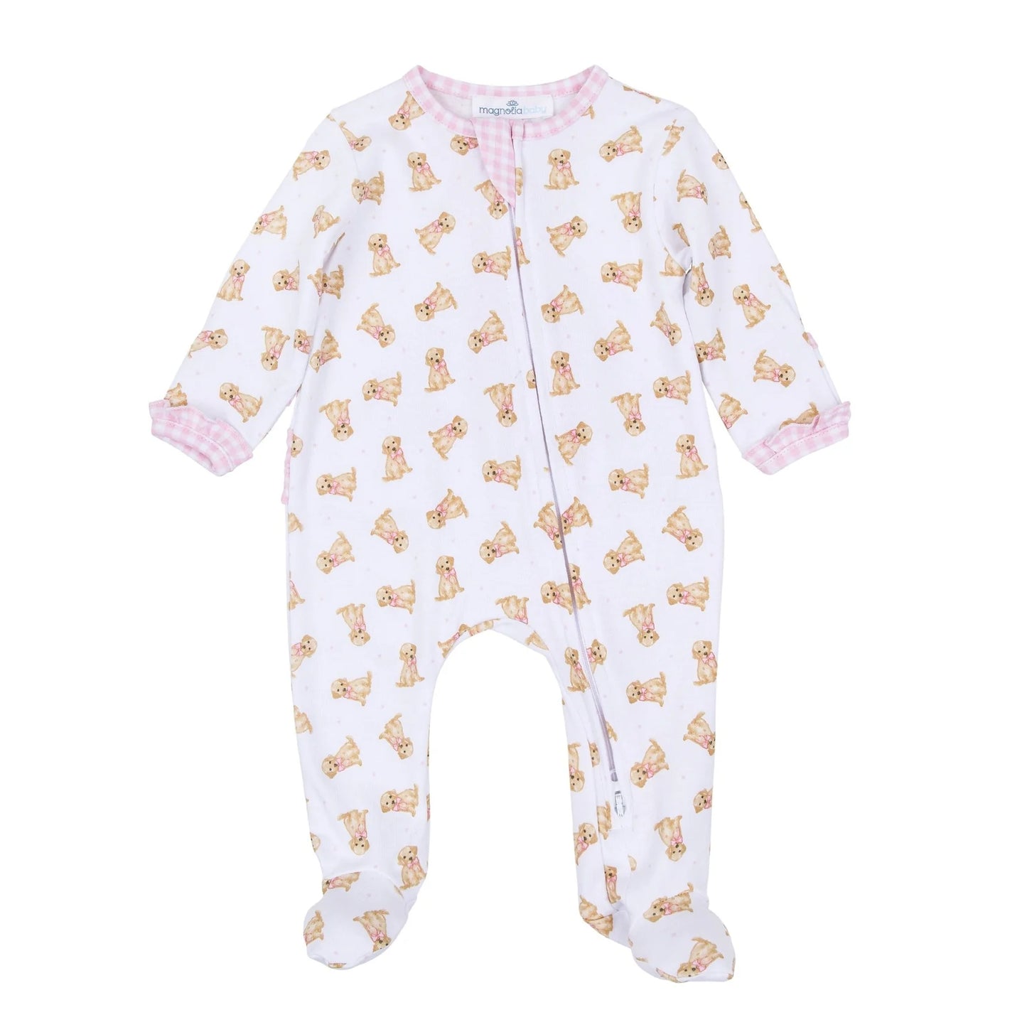 Sweet Golden Print Ruffle Zip Footie, Pink