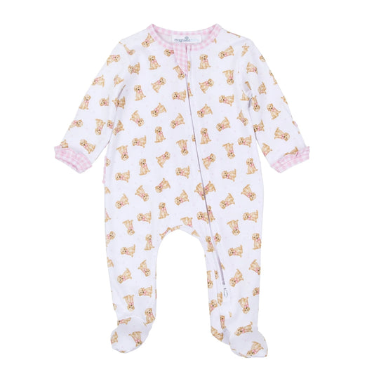 Sweet Golden Print Ruffle Zip Footie, Pink