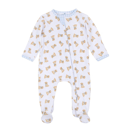 Sweet Golden Print Zip Footie, Light Blue