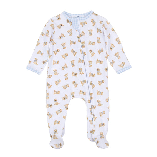 Sweet Golden Print Zip Footie, Light Blue