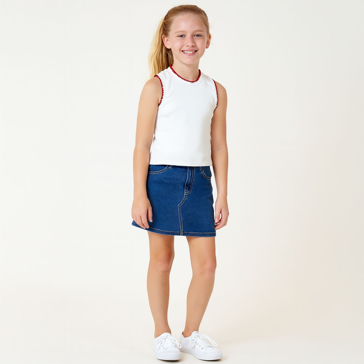 Blanket Stitch Trim Tank, White/Red