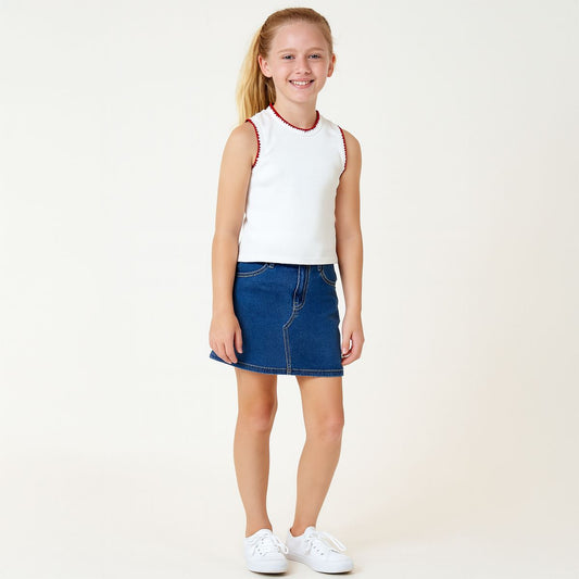 Blanket Stitch Trim Tank, White/Red