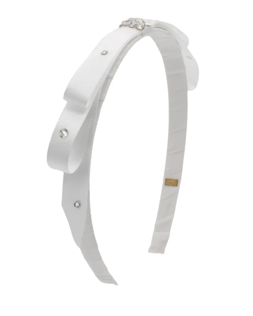 Thin Satin Bow Headband With Crystals, White