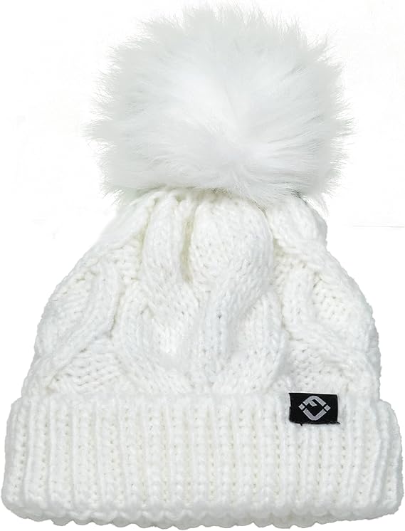 Chunky Cable Beanie w/ Fur Pom, White