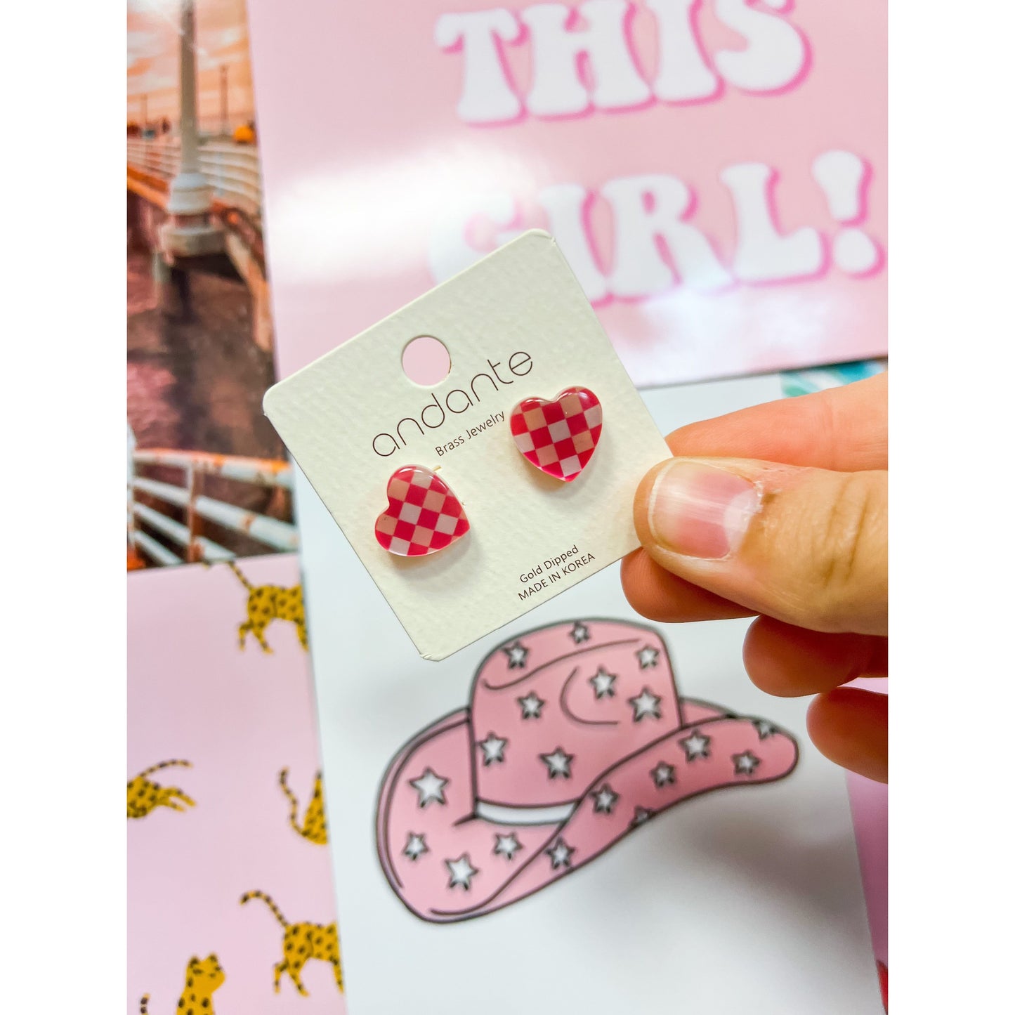 Checkered Heart Stud Earrings, (2 colors)